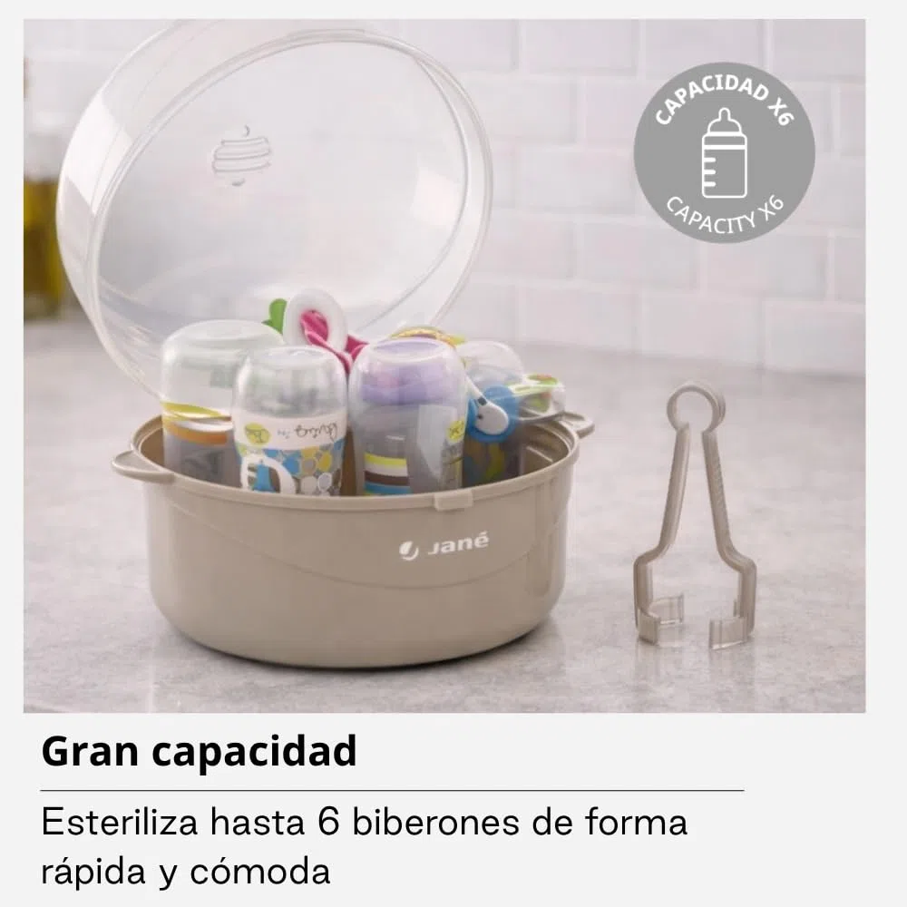 Jané Esterilizador para Microondas, Capacidad 6 Biberones, con Cesta para Tetinas y Pinza, Libre BPA, Gris