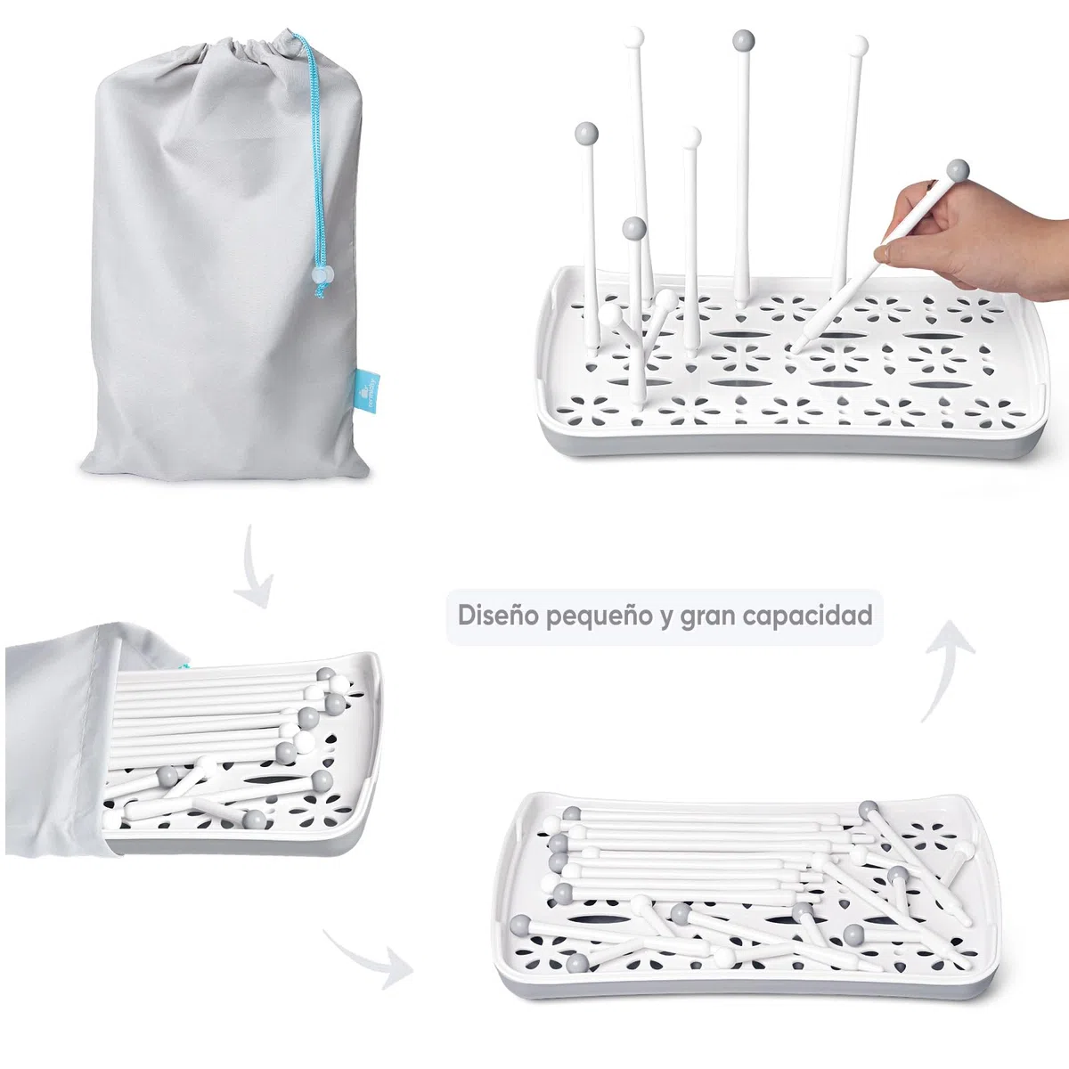 Termichy Estante para secar biberones con Bandeja de Agua extraíble Portabotellas para mostrador para bebés y niños pequeños (Gris)