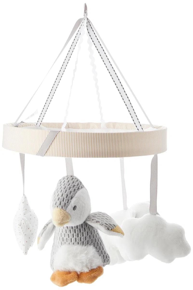 Nuby Móvil Musical para Cuna Bebé Pingüino – Carrusel Giratorio con Música, Brazo Ajustable para la Mayoría de las Cunas, Melodías Calmantes y Peluches Colgantes, 0+ Meses