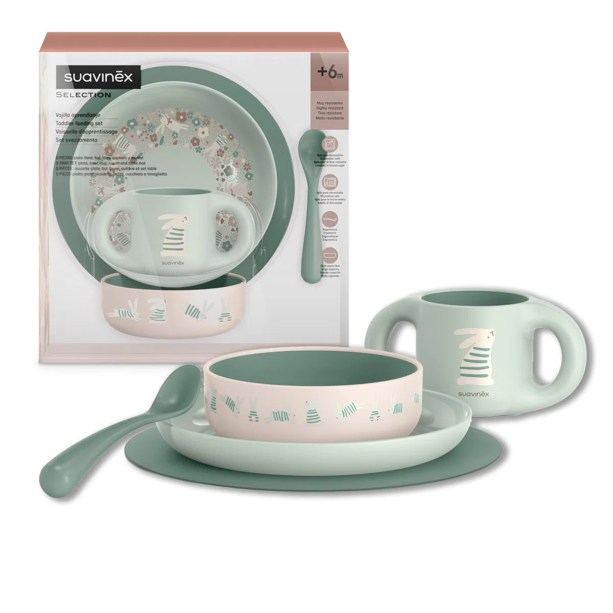 Suavinex, Vajilla para Bebés, de Aprendizaje, +6 Meses, Irrompible, Vajilla Infantil Apta Para Lavavajillas y Microondas. Incluye: Taza + Plato + Bol + Mantel Antideslizante + Cuchara. Blanco Verde