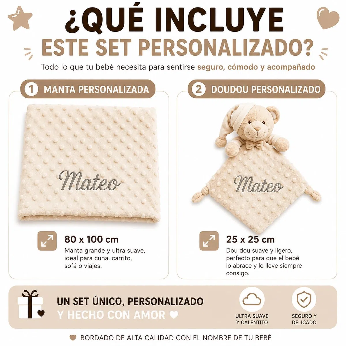 mibebestore Pack Manta Bebé Personalizada con Nombre con Doudou Bordado Regalo para Recién Nacido Niño o Niña Mantita Minky Suave 80x100 cm Dou Dou 25x25 cm para Cuna Coche - Oso Beige