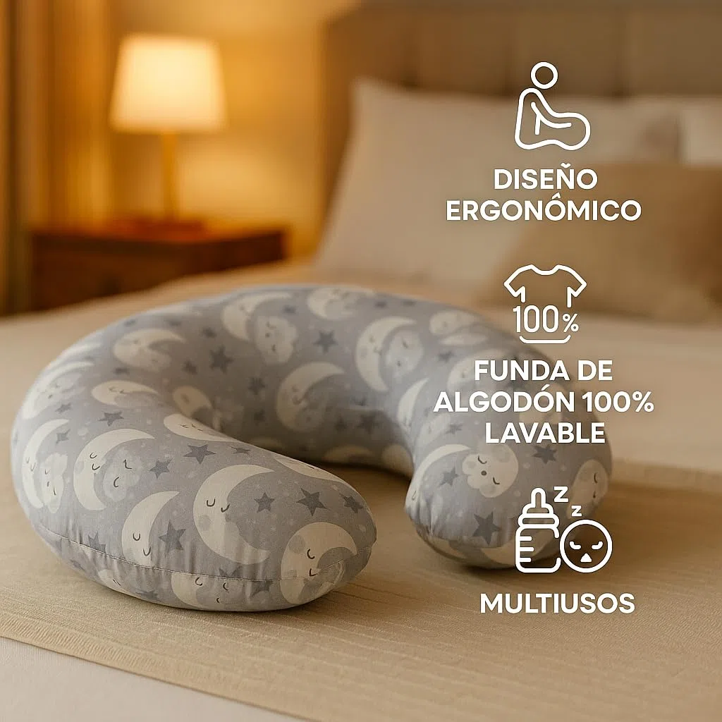 Cojin Lactancia Bebe. Cojín Bebé Embarazada con Funda Desenfundable y Lavable. Multiusos Maternidad. (1, Gris_Lunas, Normal)