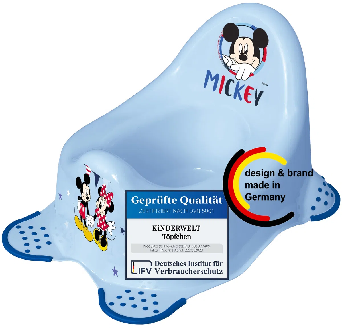 KiNDERWELT Orinal premium para niños y bebés, diseño Disney Mickey Mouse en azul, orinal para niños a partir de 18 meses, respaldo alto, antideslizante y libre de BPA