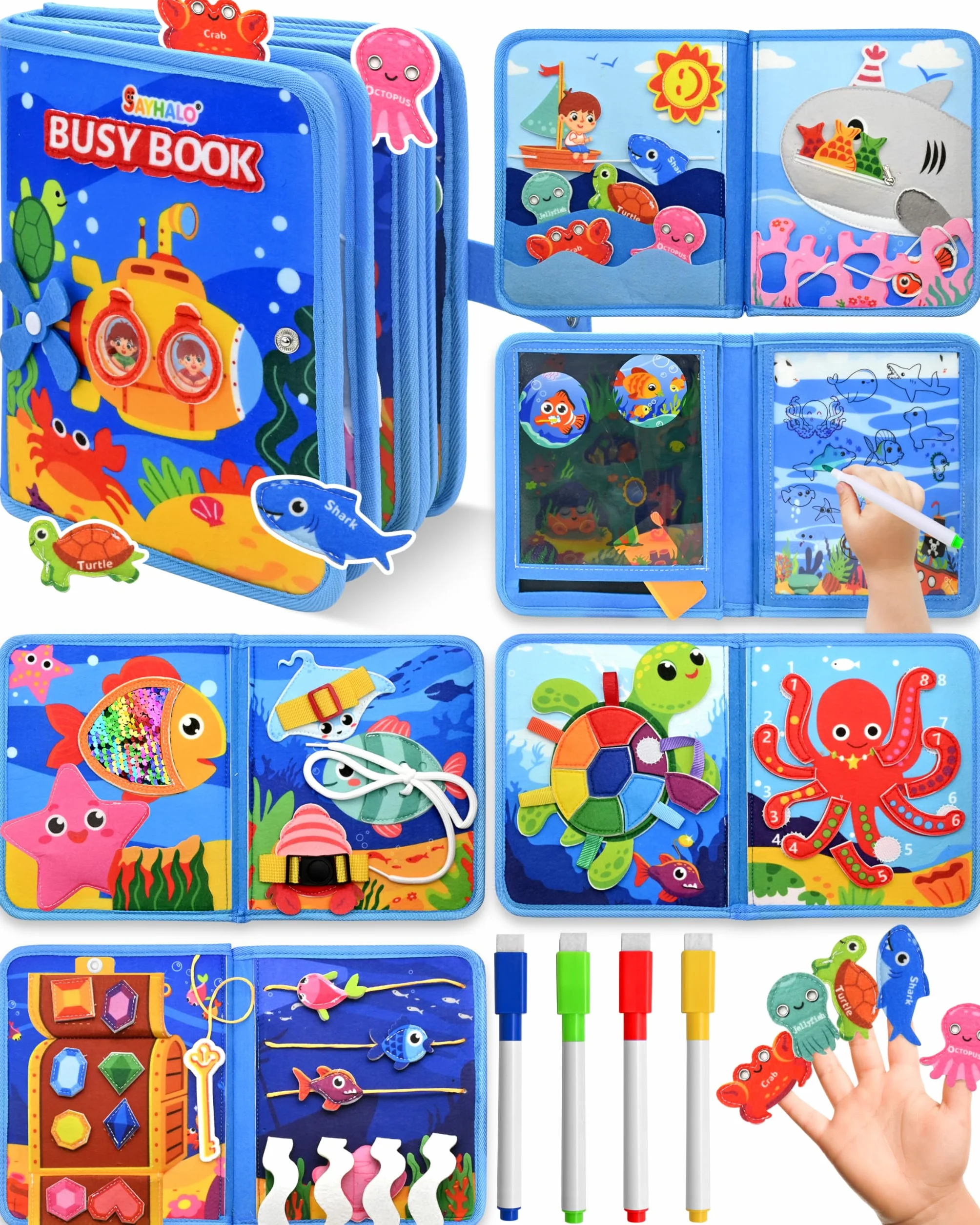 Libro Montessori 1 año - 24 en 1 Busy Board de Actividad, Libro Interactivo Juguetes Montessori para Niños 1 2 3 años - 12 Páginas Marino - Diseño Original