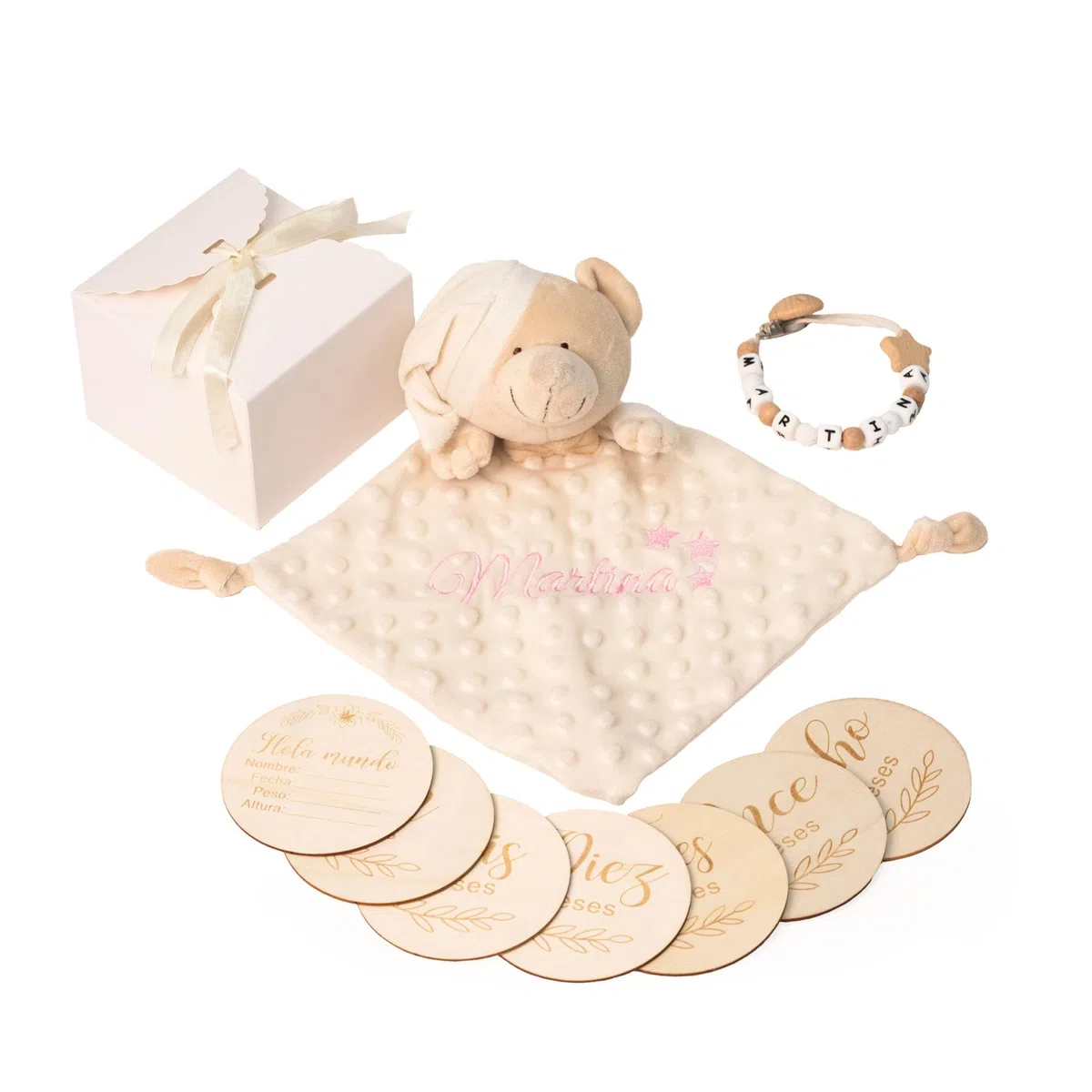BALÚ Set Bebé Personalizado Doudou con Nombre Bordado+Chupetero Madera Personalizado+Placas Cumple Mes Bebe, Manta Apego Hipoalergénica, Suave y Lavable Ideal Regalo Recién Nacido y Babyshower (Beige)