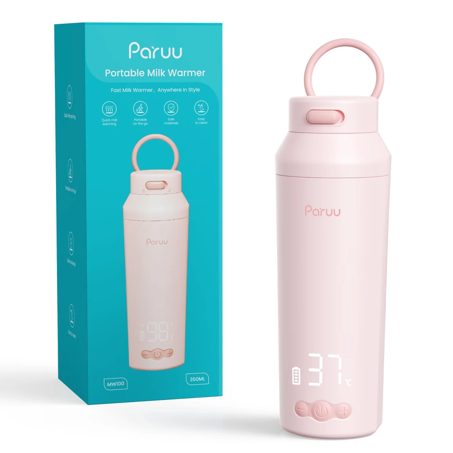 Paruu Calienta Biberones Portatil para Viaje, Boca Ancha Fácil de Limpiar, Calentamiento Rápido en 2 Minutos, 7 Niveles de Regulación de Temperatura, Capacidad 350ml, Rosa