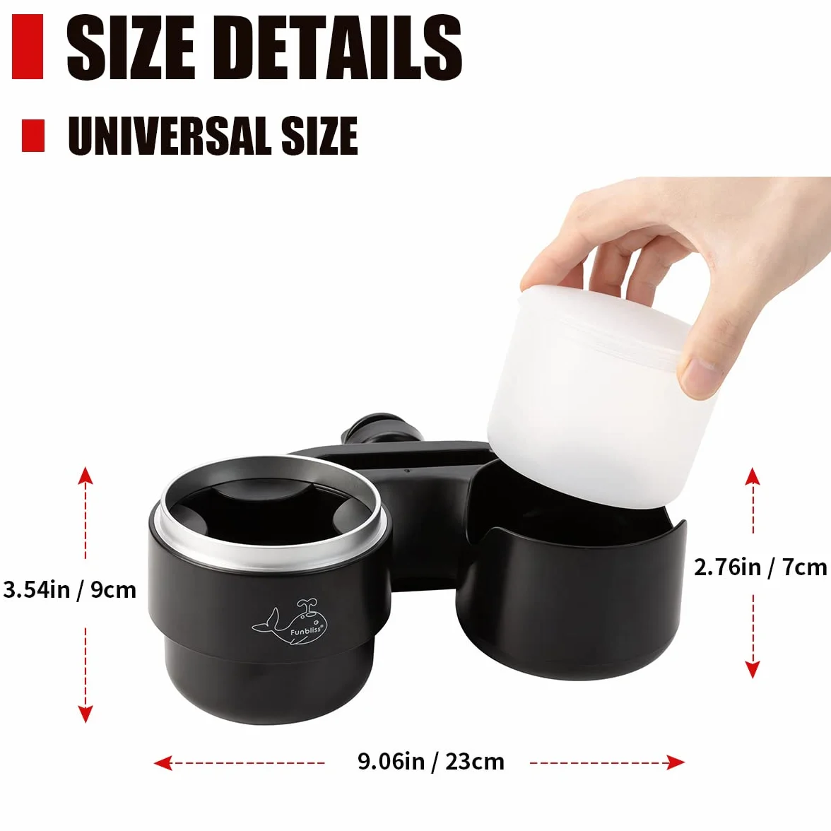 Funbliss Portavasos para Cochecito con Soporte para teléfono, Ajuste Universal Portabotellas, Portavasos Carrito Bebé, con 2pcs Gancho,Colector de Aperitivos Gratuito