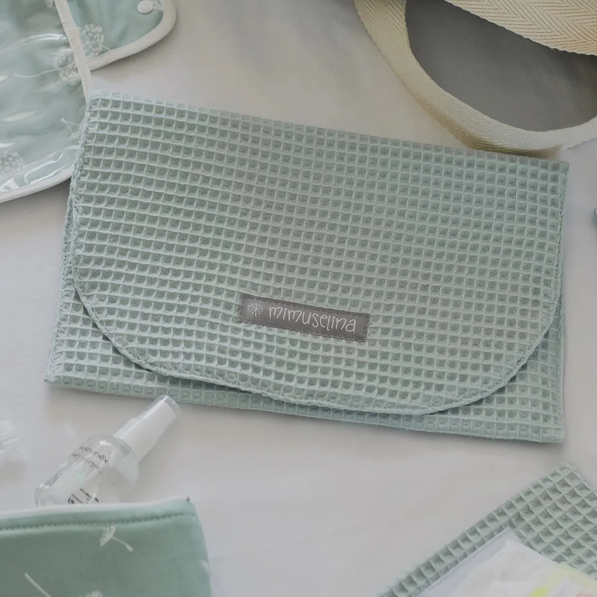 MIMUSELINA - 3X Bolsa Impermeable Bebe Guarderia para Muda | Bolsa Pañales y Toallitas Bebe | Organizador Ropa Bebe | Tela Impermeable (Waffle Mint/B. Mint/Ecru)