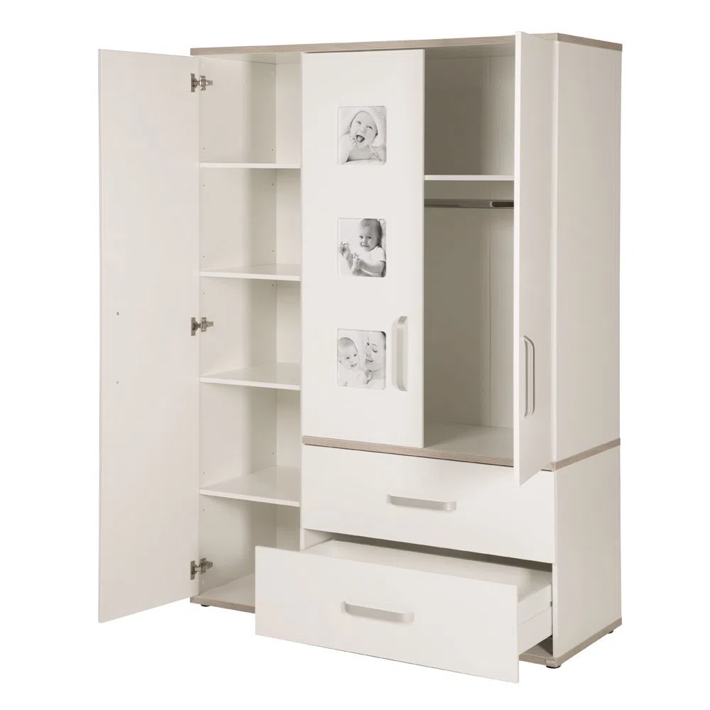 roba Armario para habitación de bebé 'Moritz', armario infantil de 3 puertas con 3 marcos de fotos, color blanco