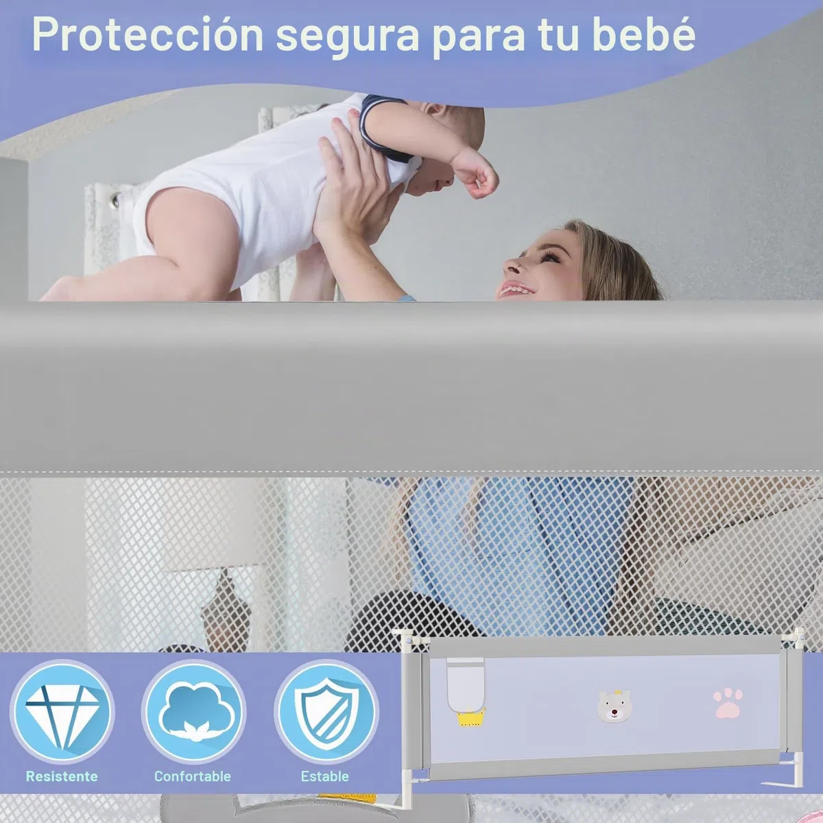 Ikodm Barrera de cama de 150 cm, protección contra caídas, barandilla de cama para niños y camas de matrimonio, altura ajustable de 70-98 cm, estable, gris