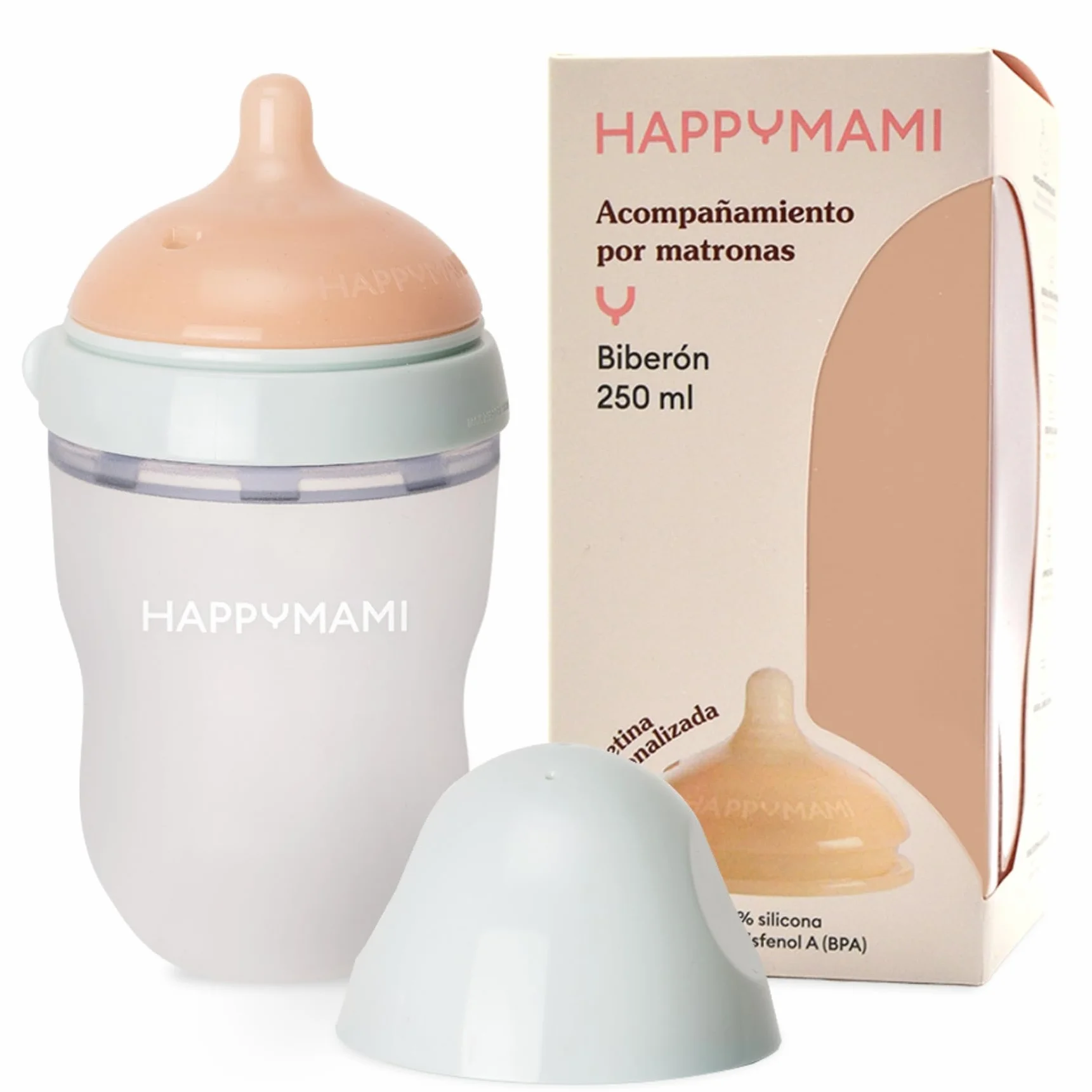 HAPPYMAMI Biberón Anticólicos a Medida Lactancia Materna Bebé 250ml Menta | Tetina de silicona grado alimentario. Ritmo de succión natural idéntico al pecho que evita el rechazo. Apto lavavajillas.