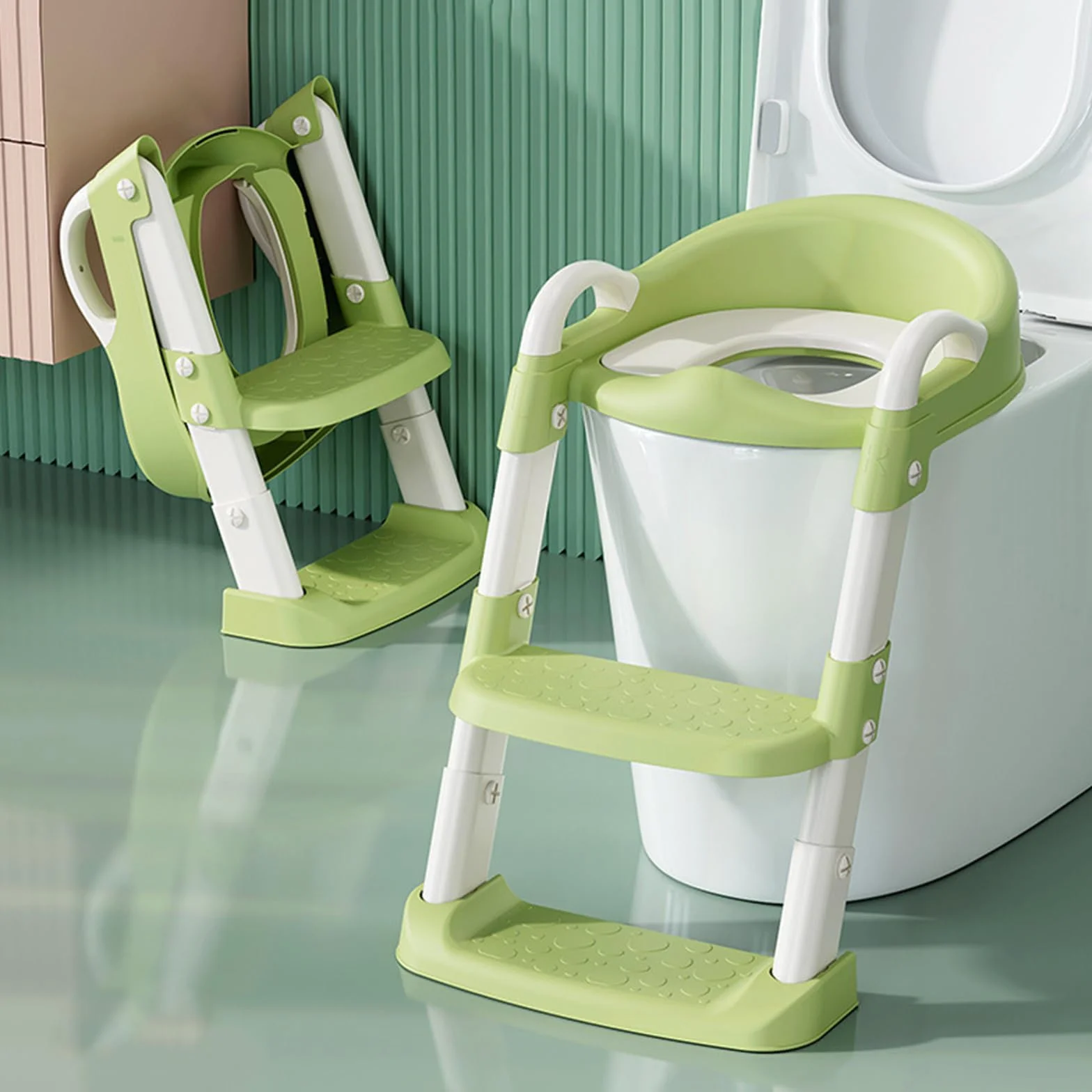 Adaptador WC Niños con Escalera, Reductor WC niños plegable con asa para niños, Escalera de inodoro ajustable en altura con asiento cómodo y escalones extra anchos (Verde)