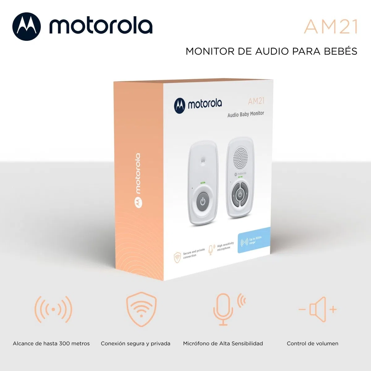 Motorola Nursery AM21 Monitor de Audio para Bebés - Monitor Digital con Tecnología DECT para Monitoreo de Audio - Largo Alcance - Micrófono de Alta Sensibilidad - Blanco