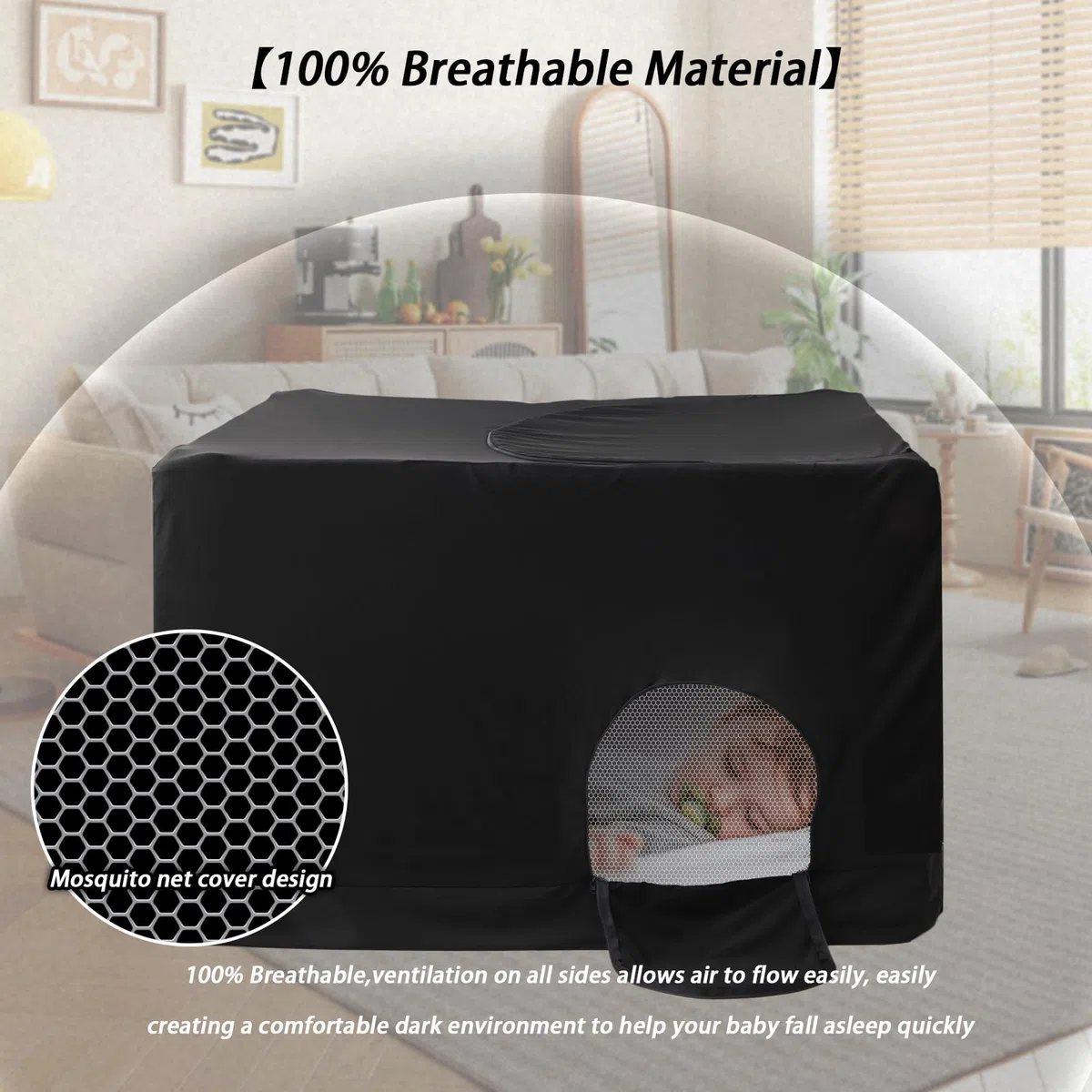 BWBIKE Cubierta Opaca Cubierta de Dosel de Cuna Cubierta de Mosquitera Tienda de Cuna de Viaje Transpirable para Cuna de Viaje, Cubierta de Red Elástica para Interiores y Exteriores， Negro