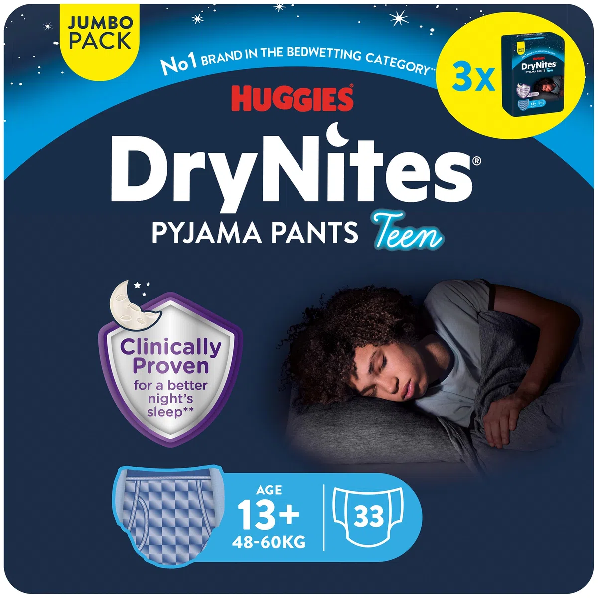 Huggies DryNites Pañales de Noche para Niño 13+ (48-60 kg), Clínicamente Probado con 5 Capas de Máxima Protección Nocturna, 3 Packs de 11, Total 33 Calzoncillos Absorbentes
