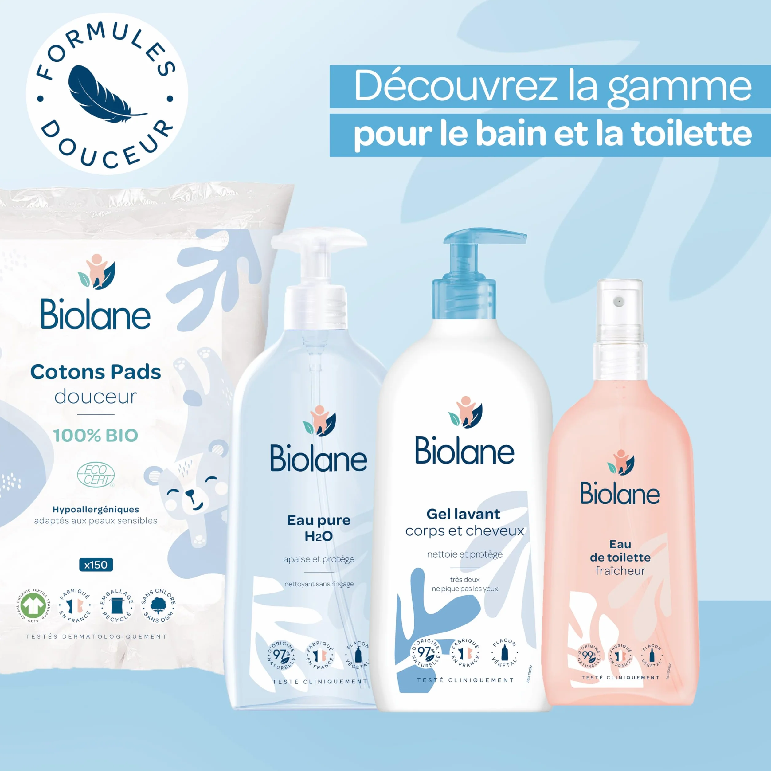 BIOLANE – Juego de 3 almohadillas de algodón para bebé, 100% orgánico, 150 algodón, piel sensible, cambio y aseo – desde el nacimiento – Fabricado en Francia