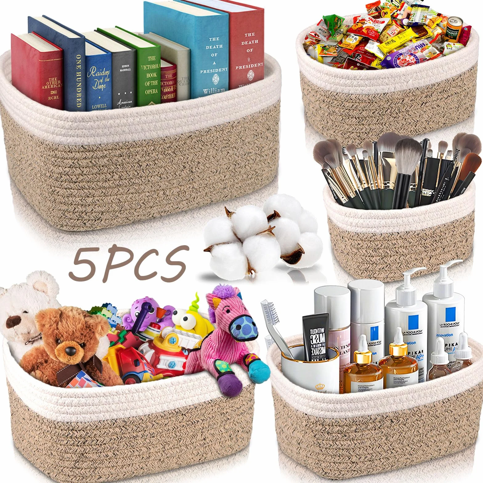 FAMKEEP 5 Piezas Cestas Almacenaje de Cuerda de Algodón,Juego de Cajas de almacenaje,Cestas Pequeñas para Organización y Almacenaje Para Dormitorio, Baño, Cocina, Armario, Juguetes, Maquillaje
