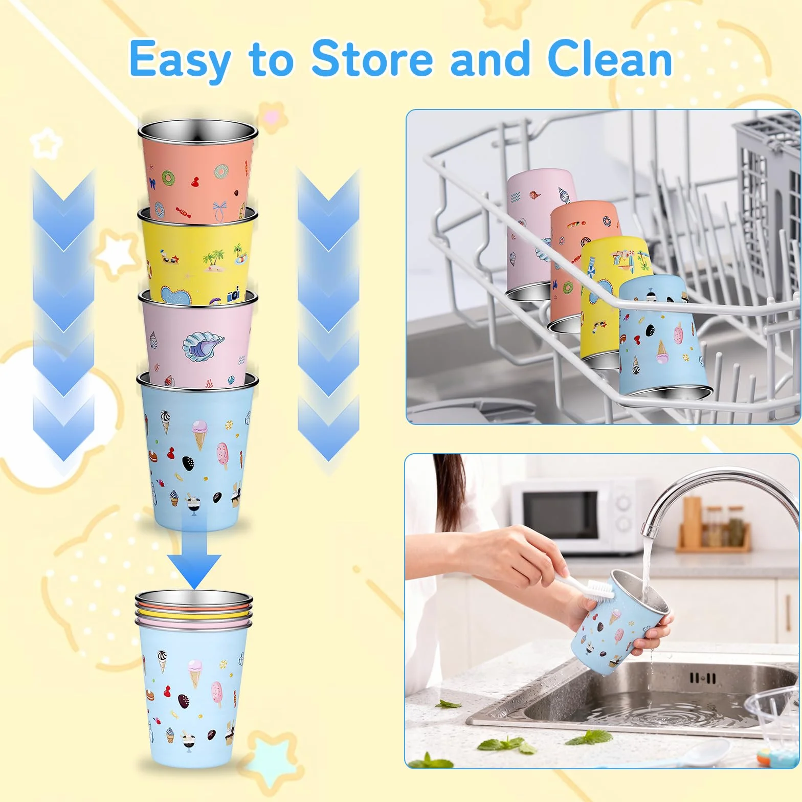 4 Piezas Vaso de Acero Inoxidable para Niños, 350ML Vaso Infantil, Set de Vasos Reutilizables, Copas de Camping Apilable para Niños y Niñas (Azul, Amarillo, Naranja, Rosa)