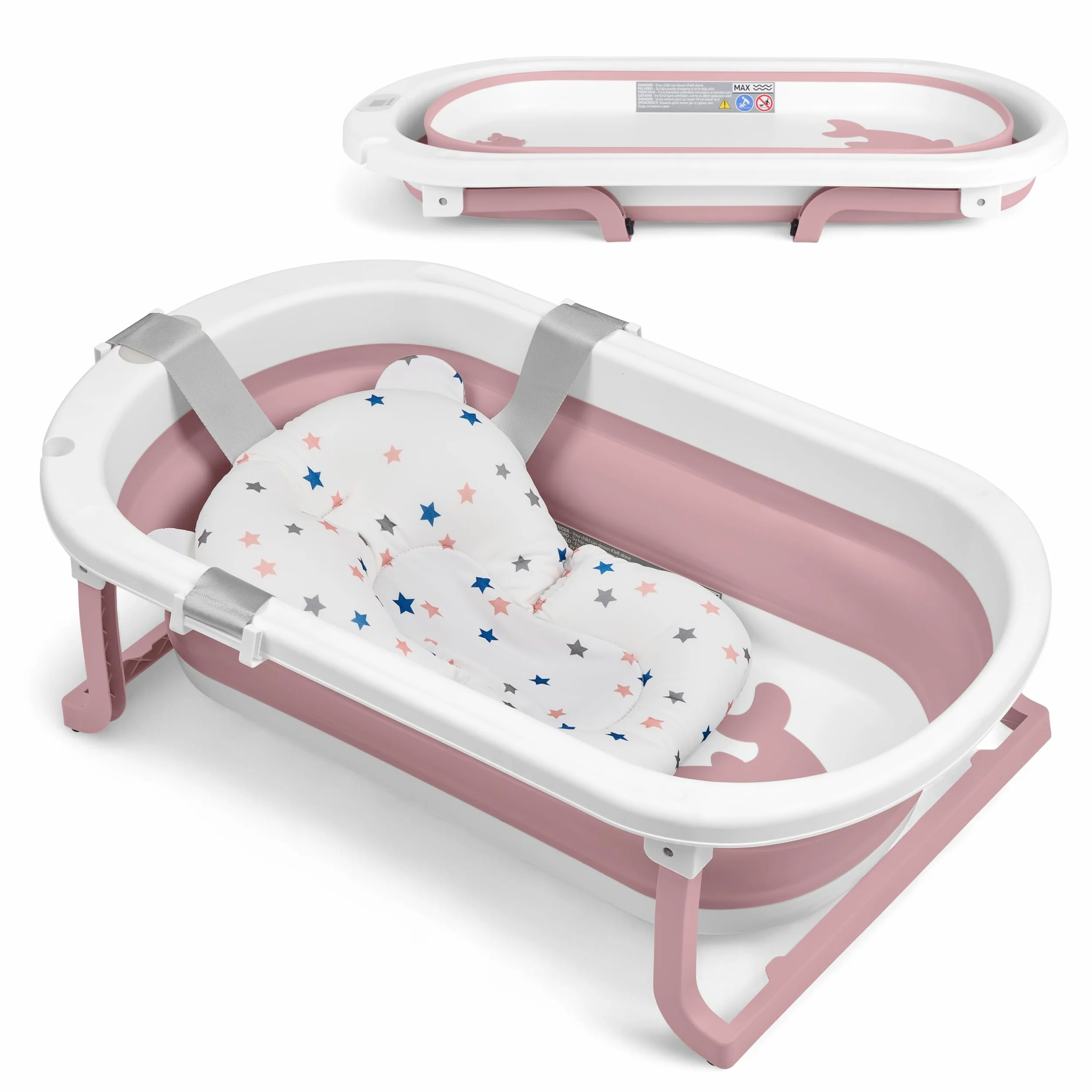 KikkaBoo Bañera para Bebés WILLY, Diseño Plegable, Termómetro Integrado, Cojín de Baño Suave, Patas Antideslizantes, Tapón de Drenaje, Material No Tóxico, Rosa