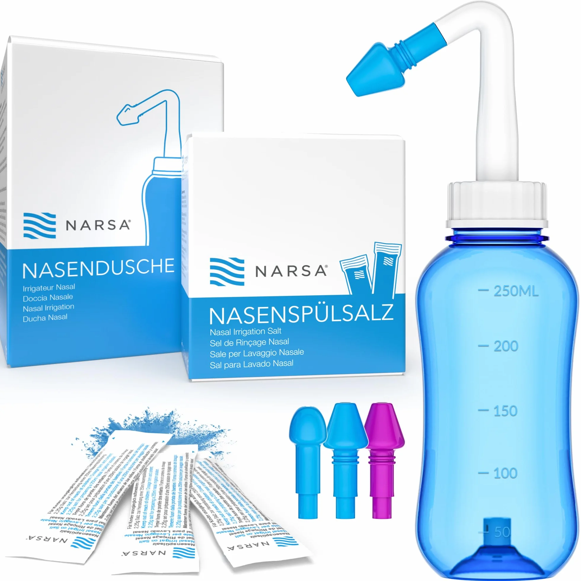 NARSA Set de lavado nasal con 30x sal lavado nasal · Para Aliviar la Congestión Nasal Causada por las Alergias, Infecciones, Polen y Impurezas