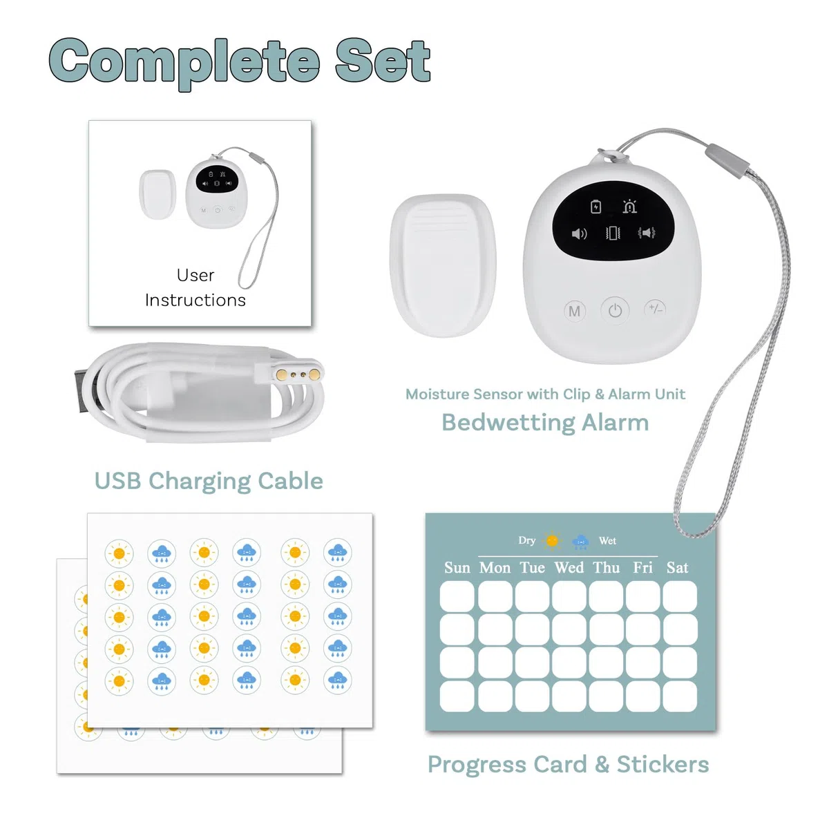 Alarma Enuresis para Niños y Personas Mayores de MMOBIEL – Compacta Sensor de Humedad con Cable y Clip – Sonido, Vibración y Luz – Recargable USB – Volumen Ajustable – Entrenamiento para ir al Baño