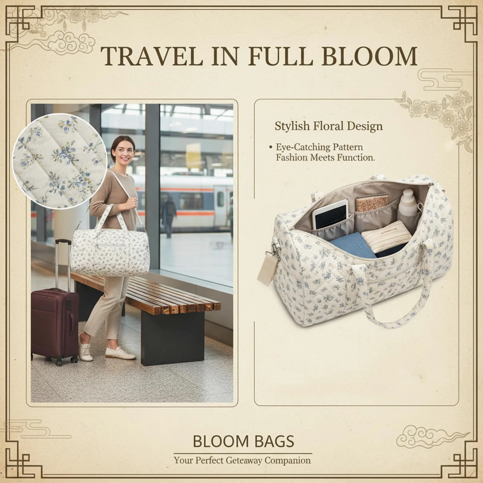Bolsa de Viaje Acolchada, Bolsa de Fin de Semana Acolchada con Estampado Floral con asa y Correa, Linda de Viaje con Bolsillo y Cremallera para Mujeres, Viajes, Hospital, pañales, Gimnasio, 18