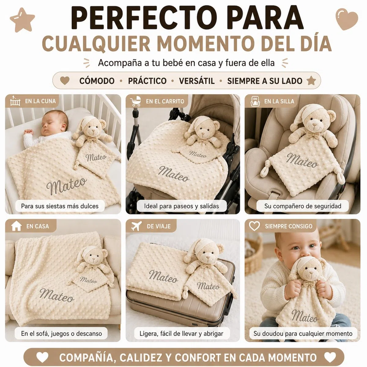 mibebestore Pack Manta Bebé Personalizada con Nombre con Doudou Bordado Regalo para Recién Nacido Niño o Niña Mantita Minky Suave 80x100 cm Dou Dou 25x25 cm para Cuna Coche - Oso Beige