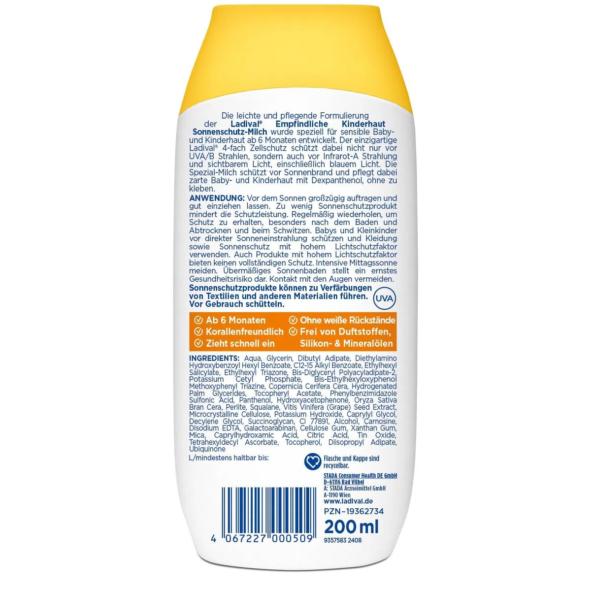 Ladival Crema solar infantil con leche LSF50+ para pieles sensibles de niños, bebés y niños a partir de 6 meses, extra impermeable, 4 capas de protección celular, 200 ml