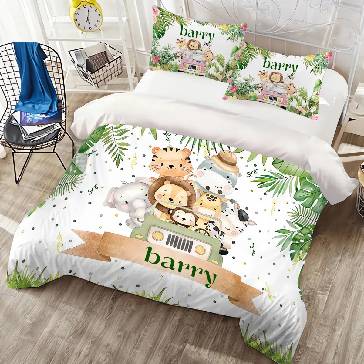 CHEFFS Ropa de cama personalizada para bebé con animales, elefante, cebra, jirafa, león, ropa de cama para niños con nombre, funda de edredón y almohada personalizada de animales salvajes (135 x 200