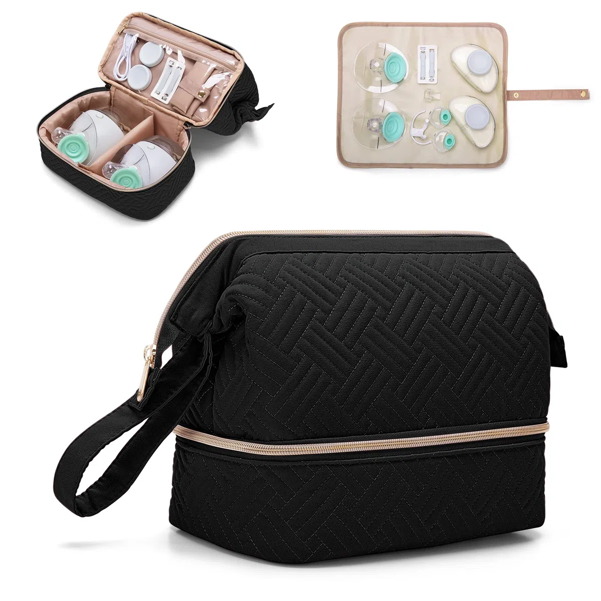 Fasrom Bolsa extractor de leche portátil compatible con sacaleches Elvie Pump in Style, funda de transporte de doble capa con esterilla impermeable y bolsillos aislantes para madres trabajadoras Negra