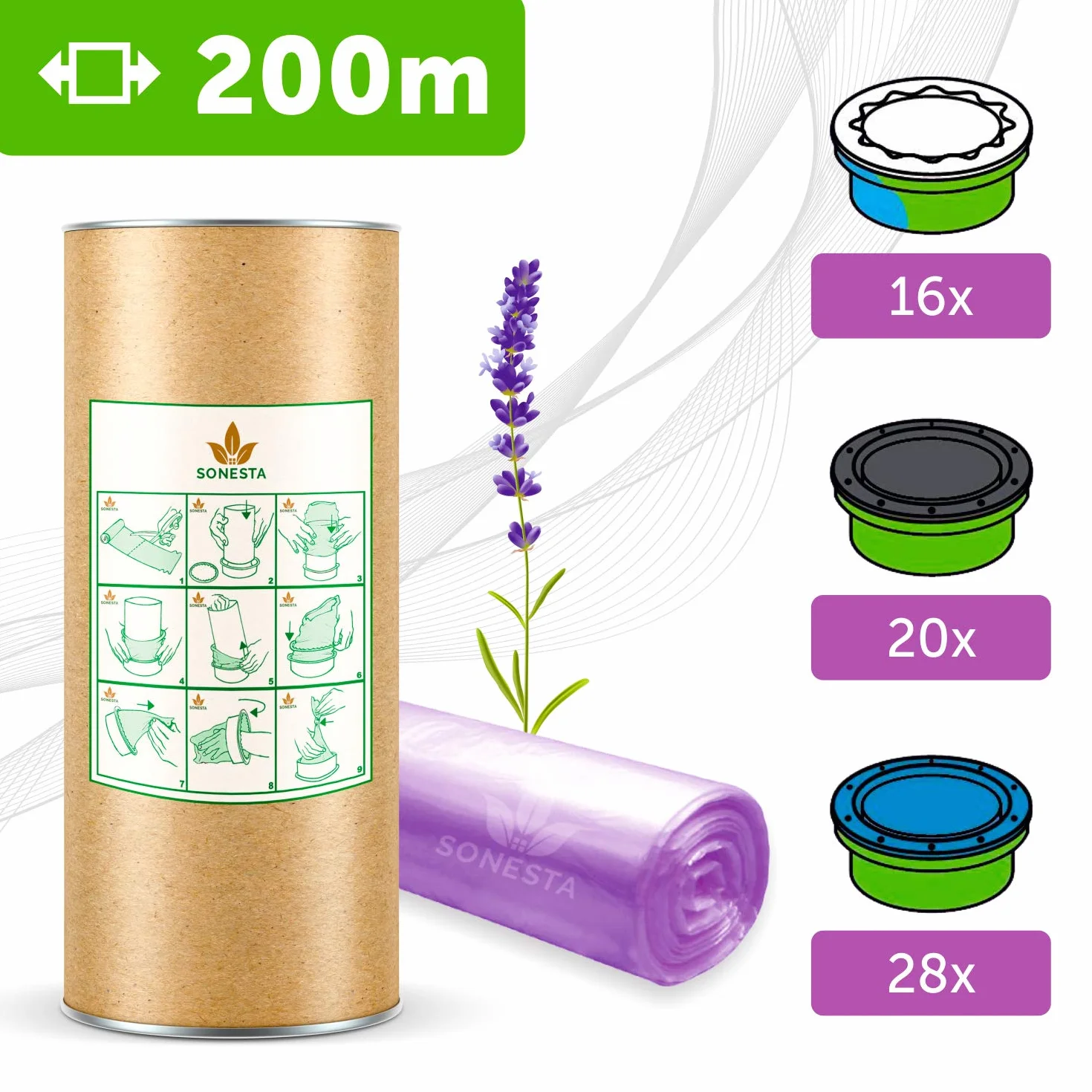 200m. ECO Recarga compatible Tommee Tippee TEC,Twist & Click, Simplee | 100% compatible | para Contenedor de Pañales | Fragancia lavanda Anti olor +