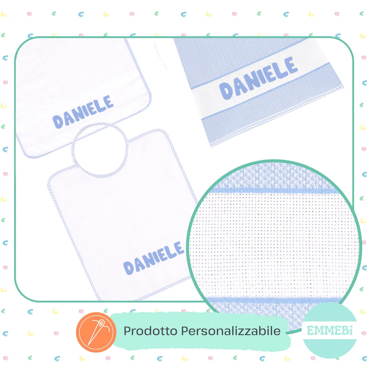EMMEBi Juego de guardería con tela Aida para bordar babero + toalla + bolsa fabricados en Italia
