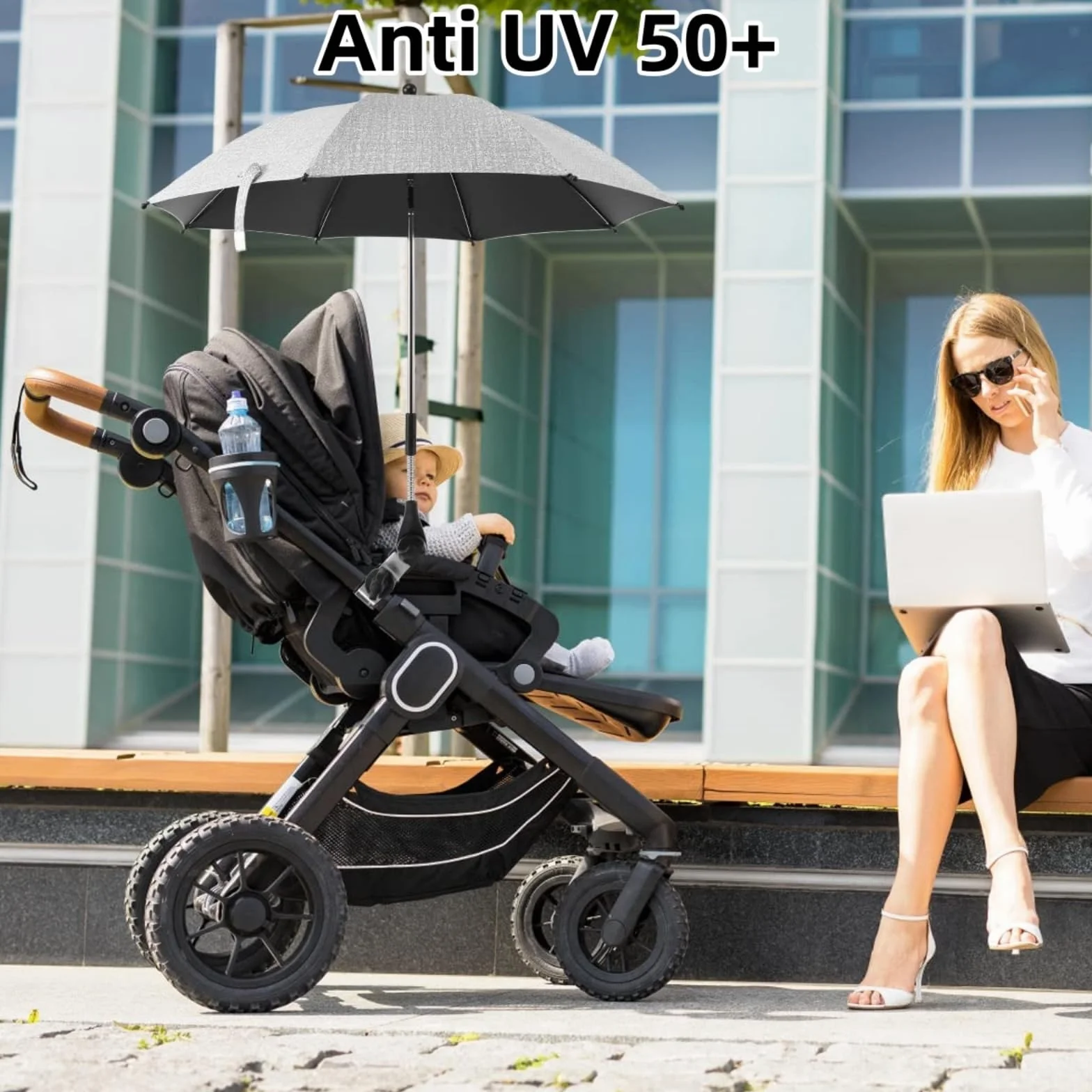 Sombrilla Carrito Bebe Universal, Sombrilla para Cochecito de bebé para Cochecito Anti UV con Abrazadera Ajustable, Gris