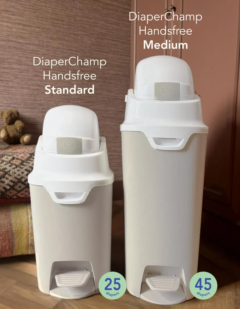 DIAPER CHAMP Handsfree Medium – Cubo de basura con pañales antiolores – manos libres – capacidad ideal – guarderías, micro guarderías, MAM – Sin cintas de recarga – Beige
