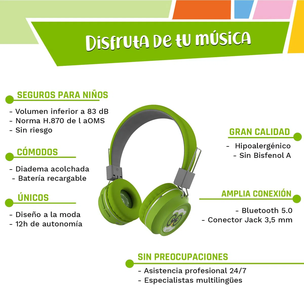 TinyGeeks Neo - Auriculares inalambricos con límite de Volumen - Certificación SGS 83 dB + Certificación CPSIA | Auriculares para niños con Control de Volumen - Verde