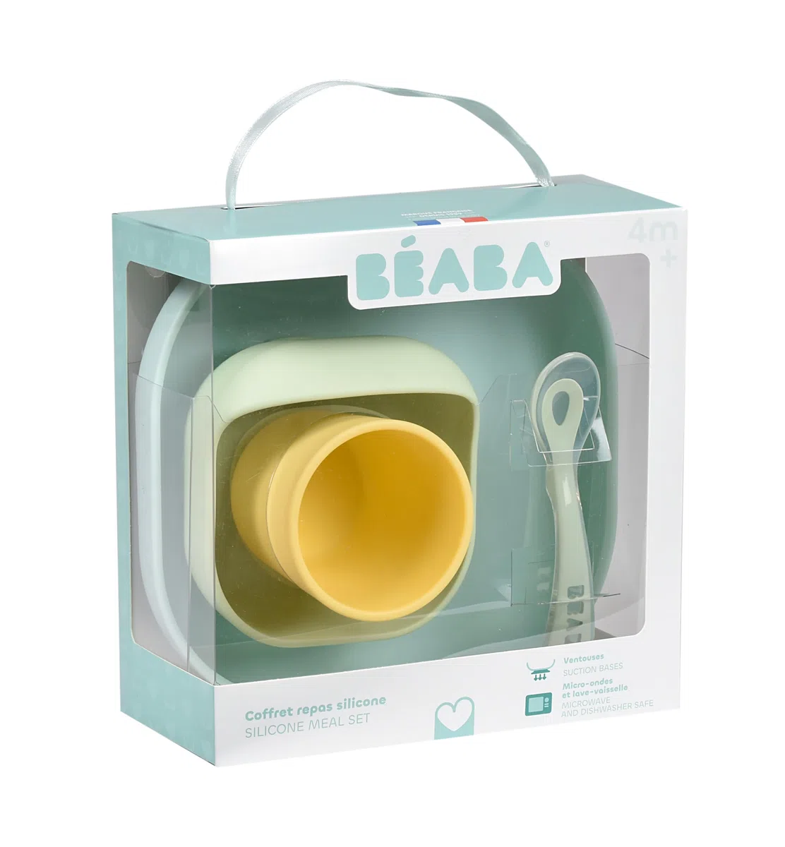 BÉABA Juego de Vajilla en Silicona Infantil, Ventosa resistente, Set de 4 Piezas para bebé, Plato + Bol + Taza + Cuchara, Accesorios para el Aprendizaje de bebé, Amarillo