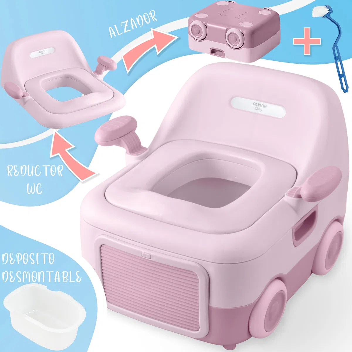 ALMAR Baby Orinal en forma de coche para niños 3 en 1 multifuncion, orinal portatil para bebes, adaptador de wc y taburete alzador aprendizaje para niños vater portatil (Rosa)