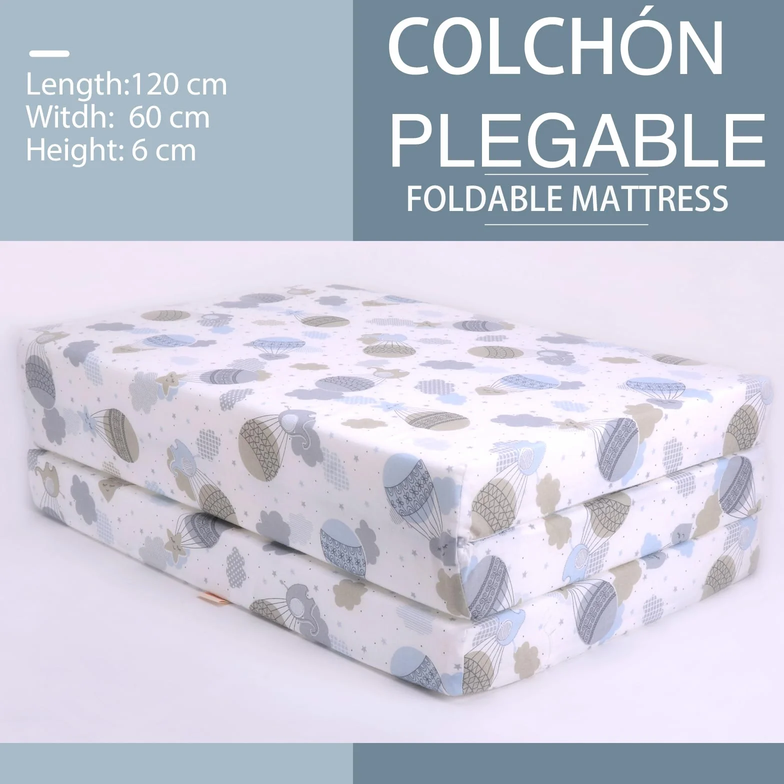 PEKITAS Colchón Cuna De Viaje Plegable 60x120 cm Altura 6 cm Incluye Bolsa Transporte Bebé Funda Desmontable Lavable Transpirable Estampado Globo Verdes