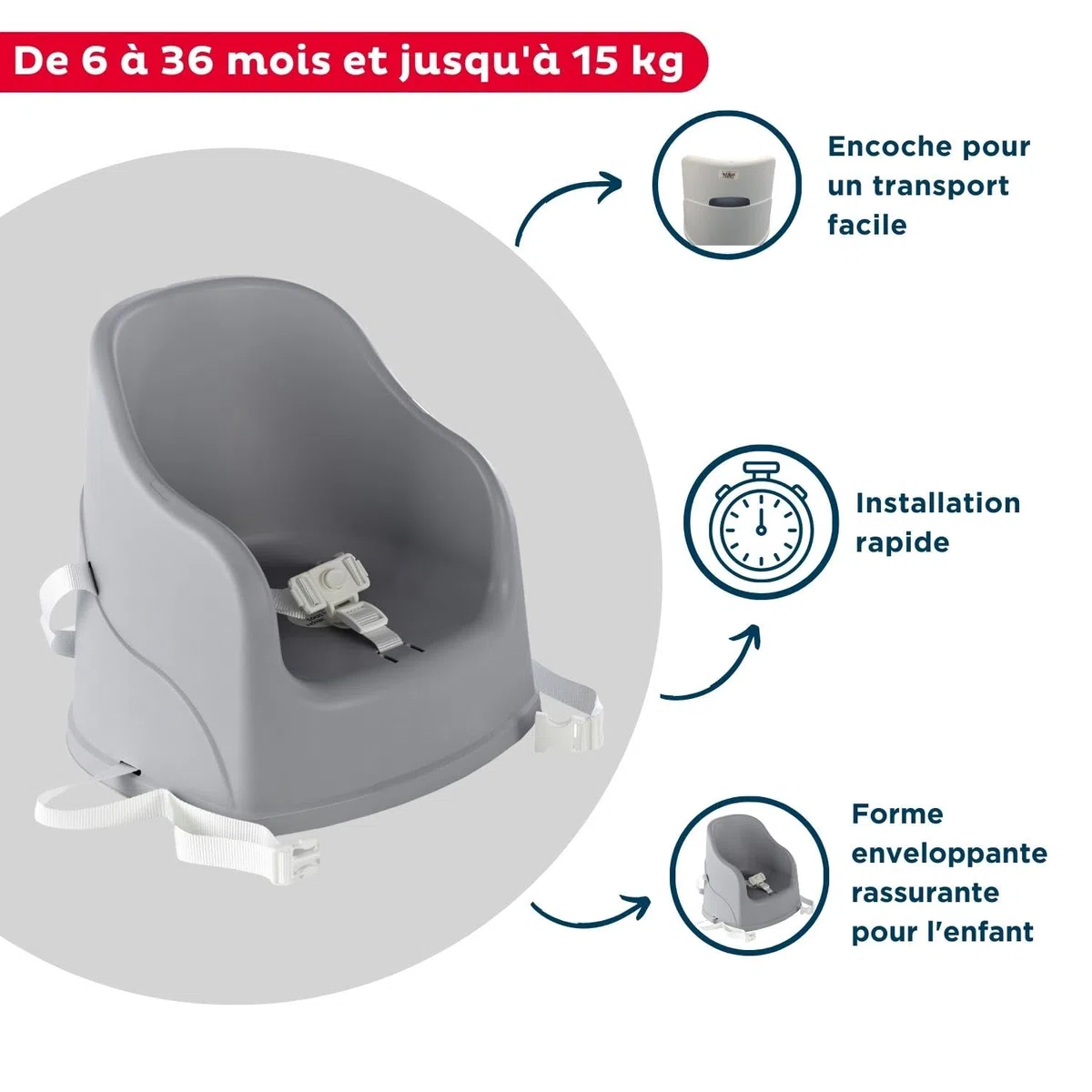 Thermobaby - Elevador de silla TUDI - De 6 a 36 meses (o hasta 15 Kg) - Cómoda - Compacta - Gris Charme - Made in France