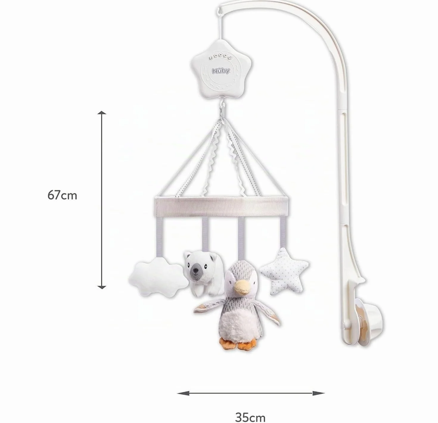 Nuby Móvil Musical para Cuna Bebé Pingüino – Carrusel Giratorio con Música, Brazo Ajustable para la Mayoría de las Cunas, Melodías Calmantes y Peluches Colgantes, 0+ Meses