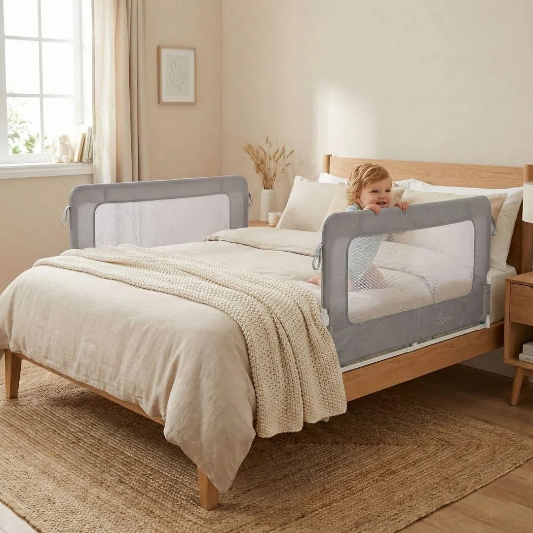 Barandilla de Seguridad para Cama 180 cm | 10 Alturas Ajustables | Panel Transparente | Sistema Plegable para Bebés y Niños | Protección Anticaídas Compatible con Todos Colchones (Gris, 180cm)