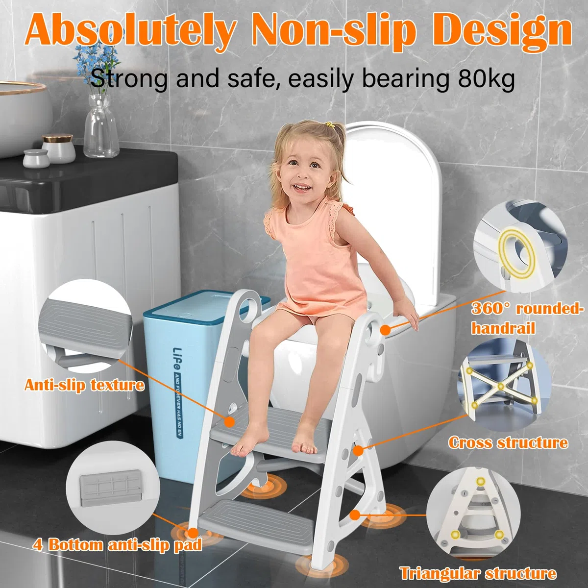 Withosent Adaptador WC Niños con Escalera, Ajustable Altura Reductor WC con PU Cojín, 2 en 1 Plegable Escalera Niños con Antideslizante Taburete, Potty Training Adaptador Baño para Bebé