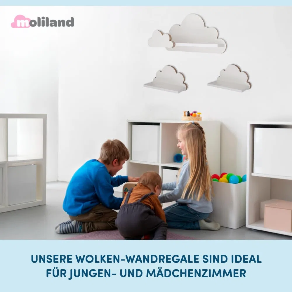 Estantería con Nubes para habitación de bebé, Juego de 3 Unidades, estantería de Pared para habitación Infantil en Color Blanco, estantería de Madera en Estilo escandinavo, estantería