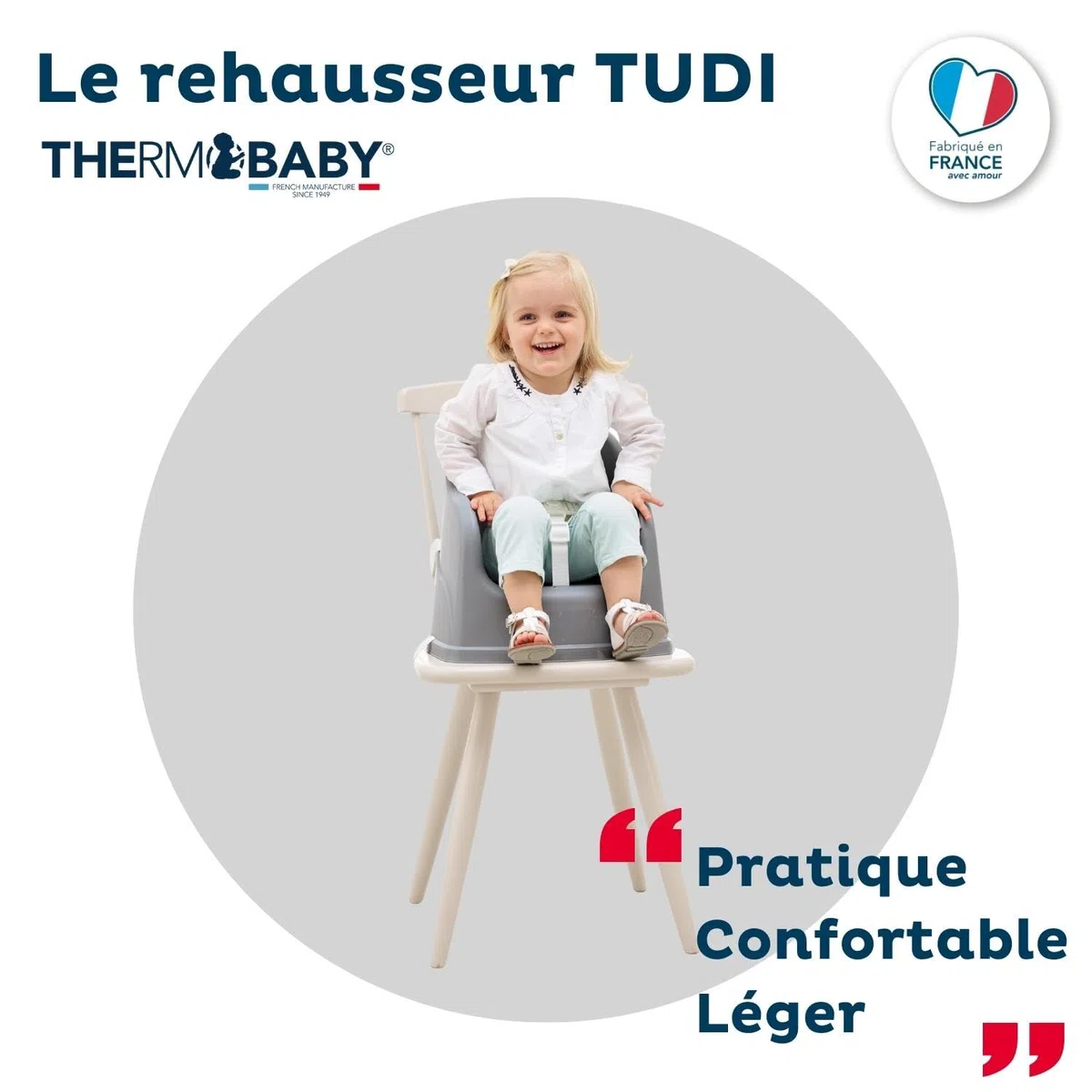 Thermobaby - Elevador de silla TUDI - De 6 a 36 meses (o hasta 15 Kg) - Cómoda - Compacta - Gris Charme - Made in France