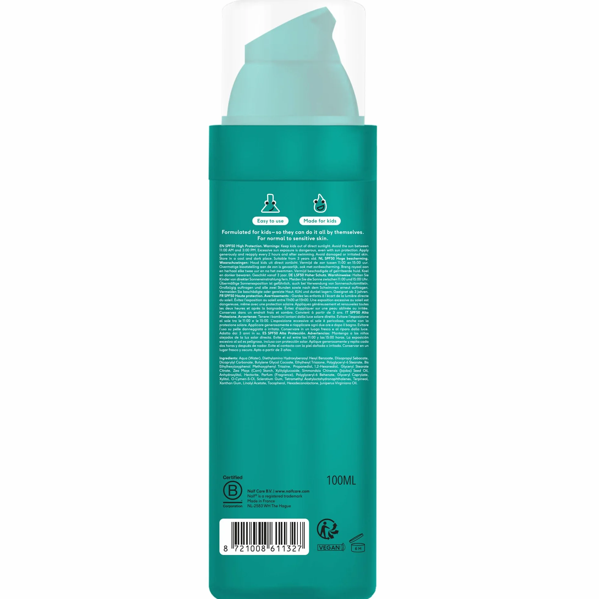 Naïf - Loción solar para niños - FPS 50 - A partir de 3 años - Protección UVA y UVB - Resistente al agua - Dermatológicamente probado - Sin microplásticos - Perfumado - 100 ml