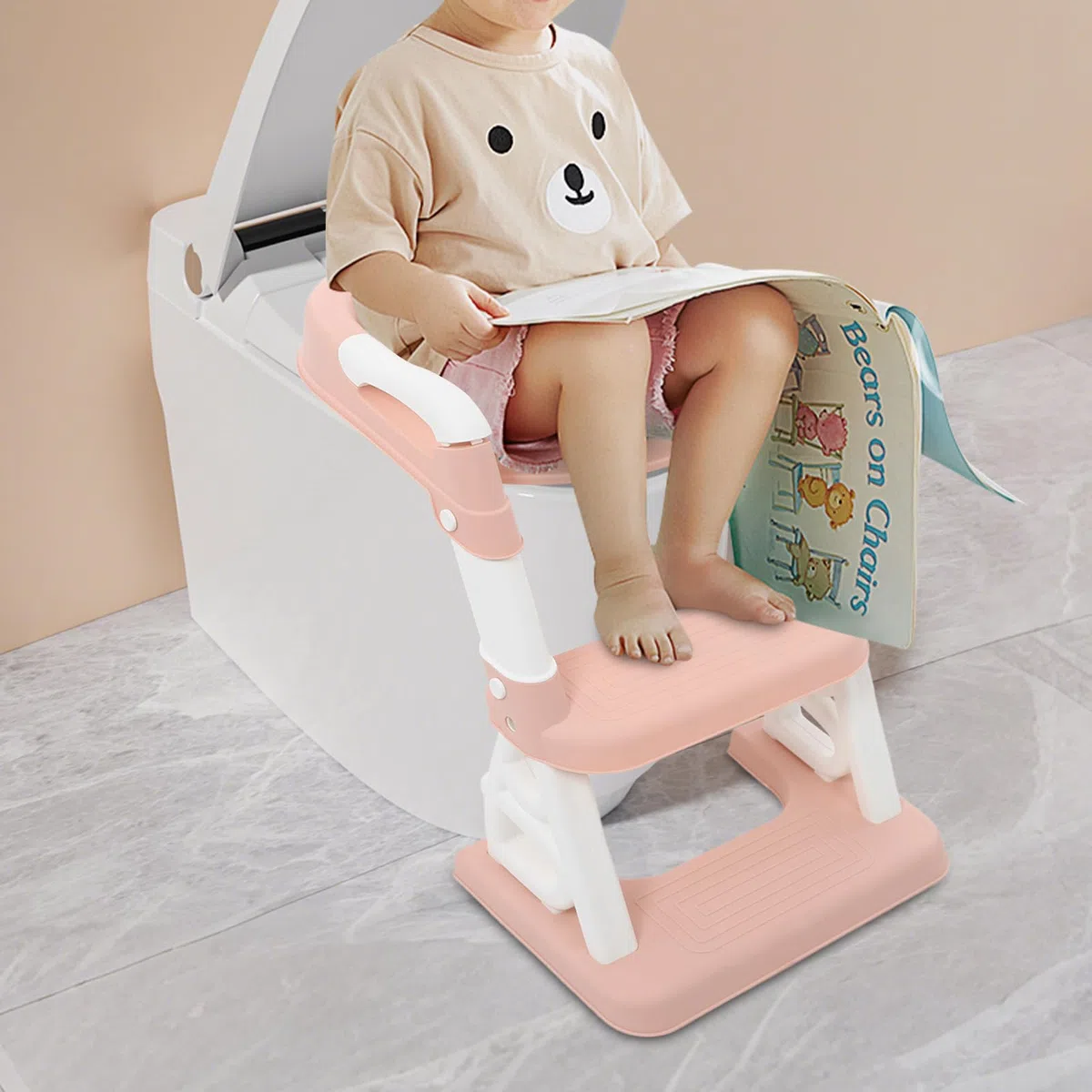 Asiento de inodoro para niños, asiento de inodoro con escalera y asas, altura ajustable, accesorio de inodoro plegable para niños, niños, niñas, bebé