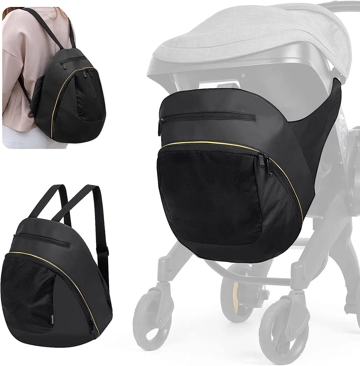 Bolsa de almacenamiento con clip compatible con cochecito Doona y asiento de coche, bolsa de pañales de gran capacidad con cremallera antideslizante, bolsa organizadora de cochecito, mochila