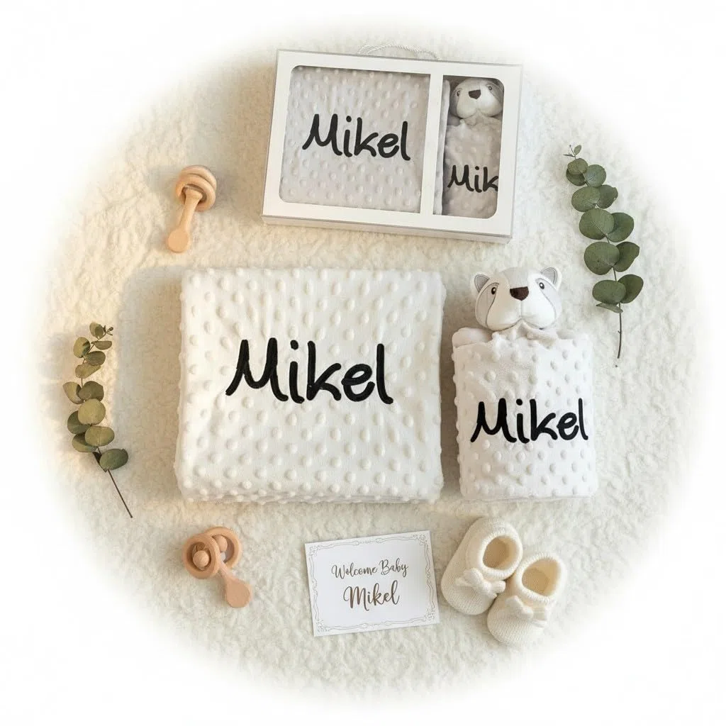 Danielstore- Manta Bebe Personalizada con Nombre Bordado, Cochecito o capazo. Medidas 80x110 cm. Tacto Terciopelo. Regalo Baby Shower Color Beige (Manta + dou dou)