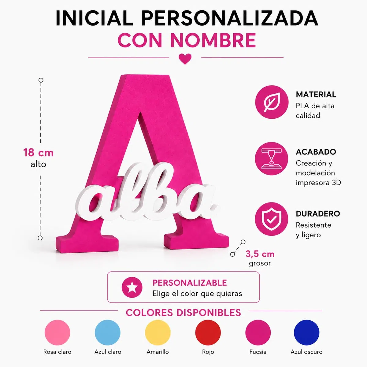 Inicial Personalizada con Nombre en 3D | Decoración Hogar y Eventos | Letras Personalizadas de PLA | Regalo Original para Nacimiento, Comunión y Decoración de Hogar y Eventos (Fucsia)