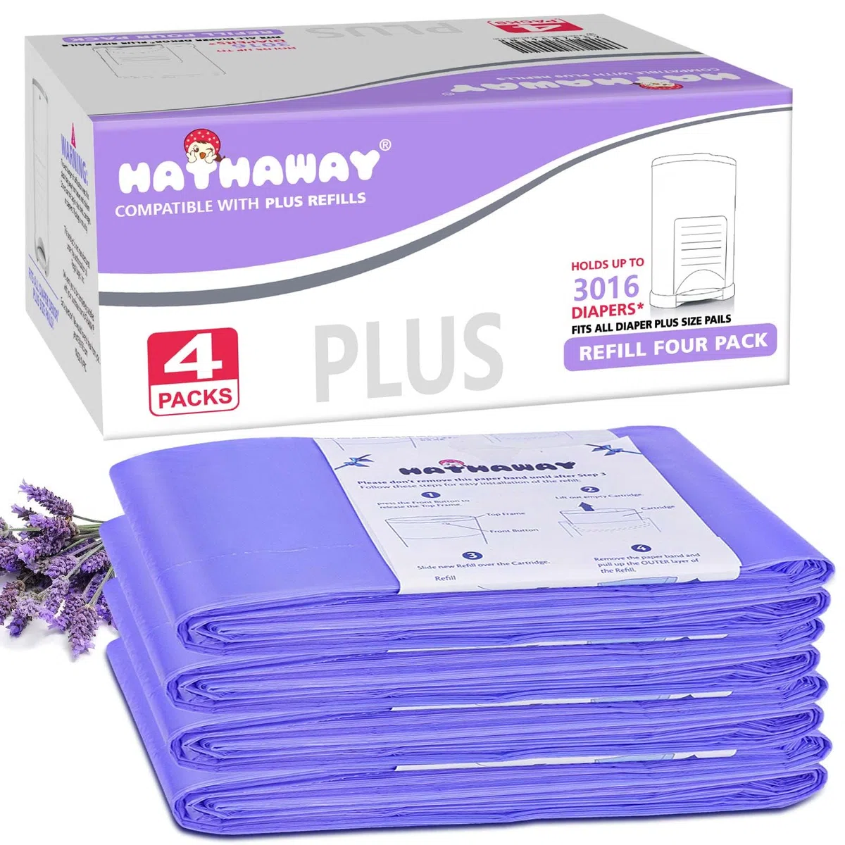 Dekor Plus - Paquete de 4 recambios, con aroma a polvo con capacidad para hasta 2320 pañales, se adapta a cubos de pañales Dekor Plus